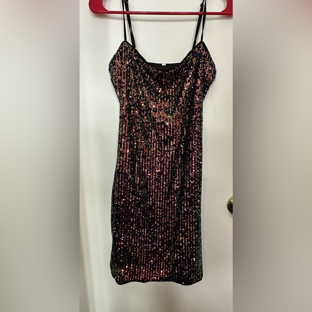 Black sequin tight fit stretchy short dress. Size medium